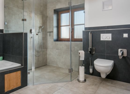 Bad-Dusche/WC mit Whirlwanne und übergroßer Dusche
